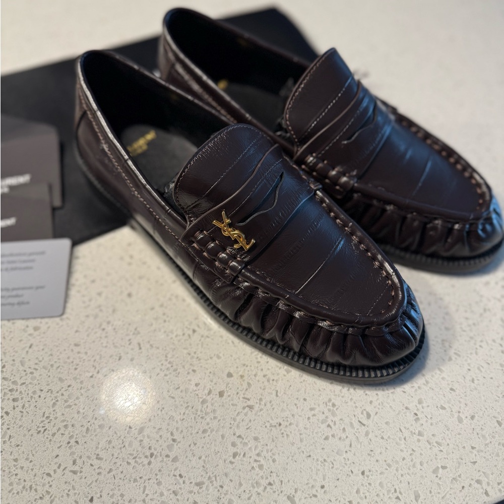 Yves Saint Laurent Brown and Gold Loafers Slip-Ons